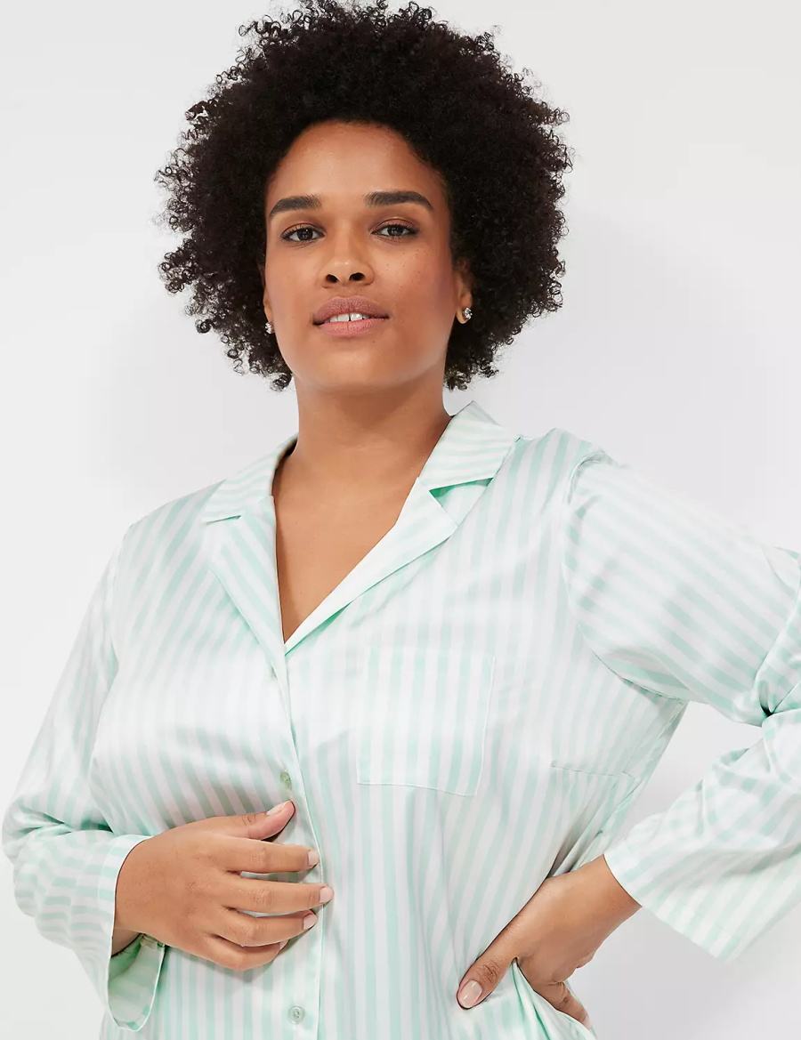 Green Stripes Lane Bryant Stretch Satin Shirt & Pant PJ Set Women Pajamas | YIP9464UA