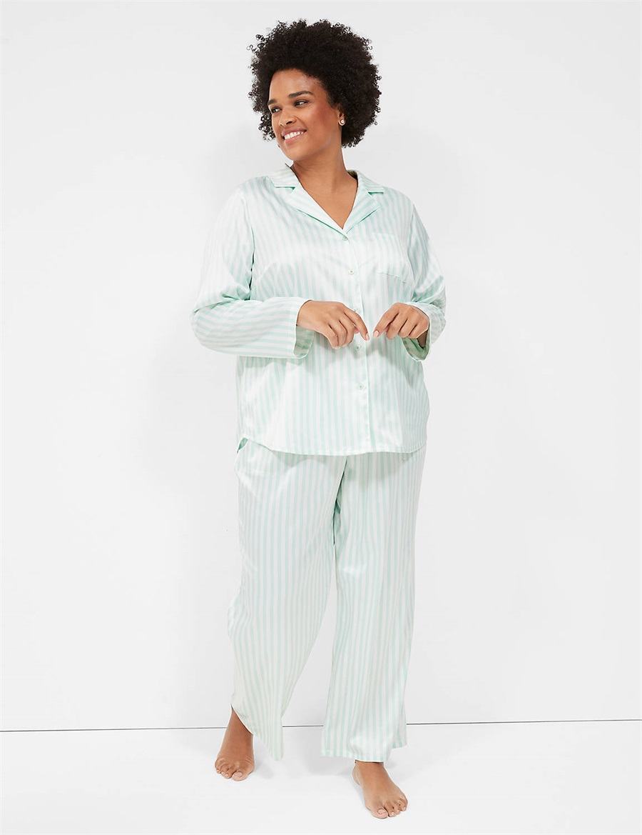 Green Stripes Lane Bryant Stretch Satin Shirt & Pant PJ Set Women Pajamas | YIP9464UA