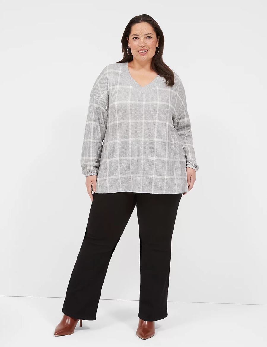 Grey Lane Bryant Blouson-Sleeve V-Neck Waffle Tunic Women T Shirts | CES7060FL