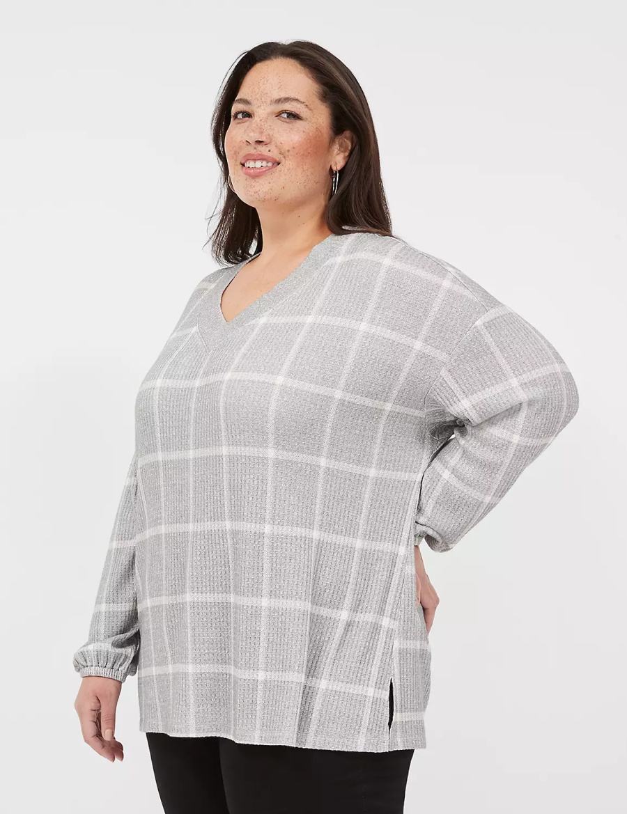 Grey Lane Bryant Blouson-Sleeve V-Neck Waffle Tunic Women T Shirts | CES7060FL