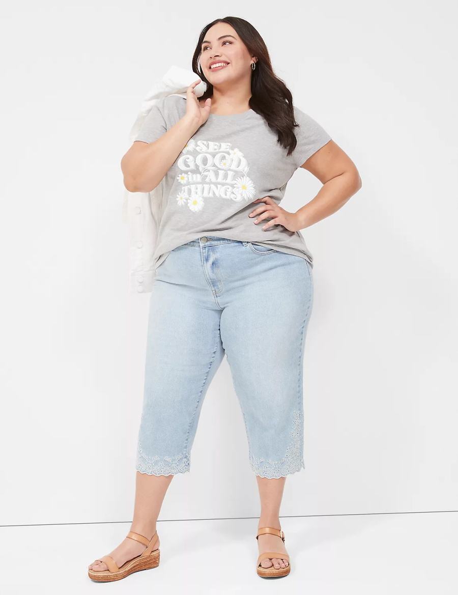 Light Blue Lane Bryant Boyfriend Fit Capri With Embroidery Women Jeans | YUQ1479KC