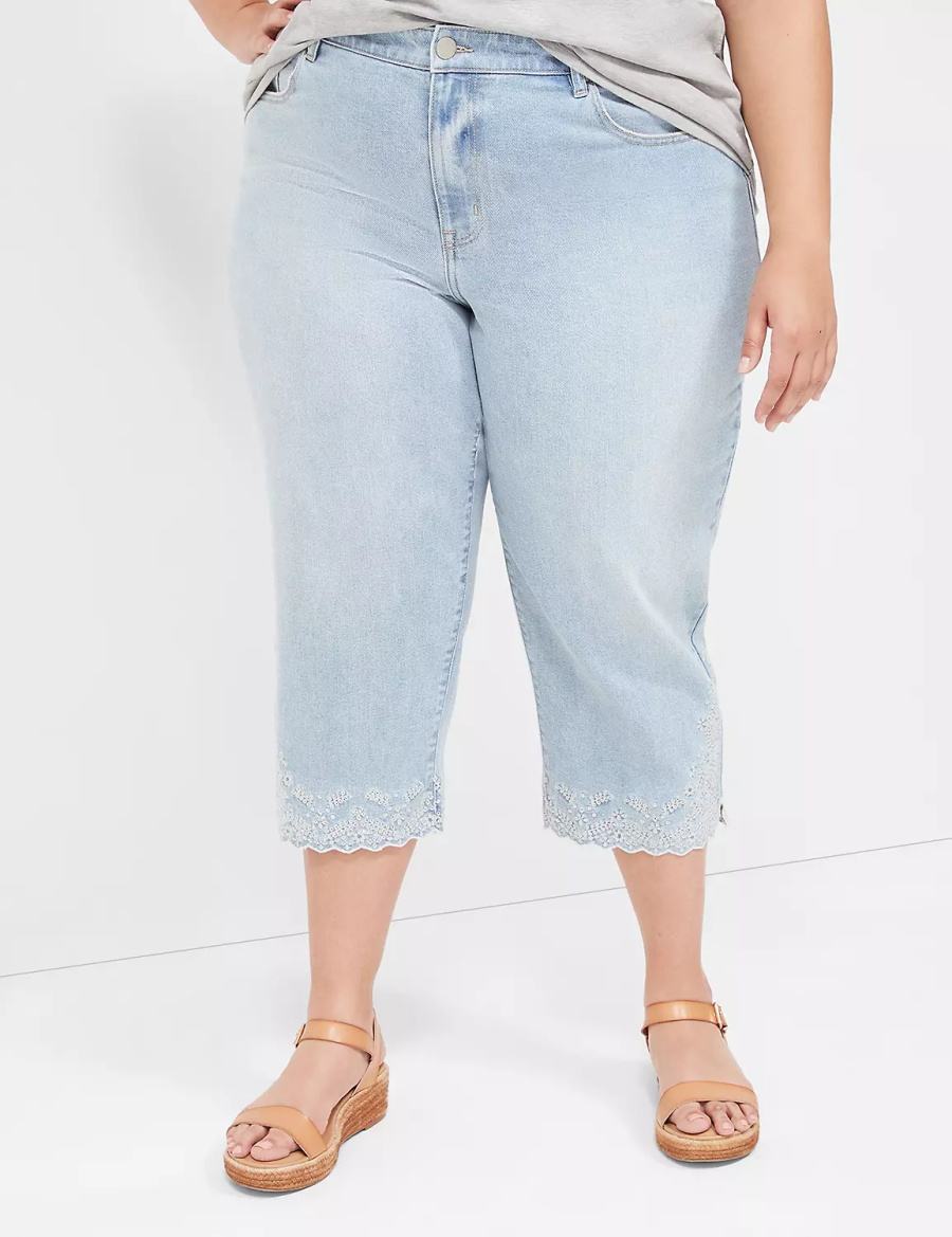 Light Blue Lane Bryant Boyfriend Fit Capri With Embroidery Women Jeans | YUQ1479KC