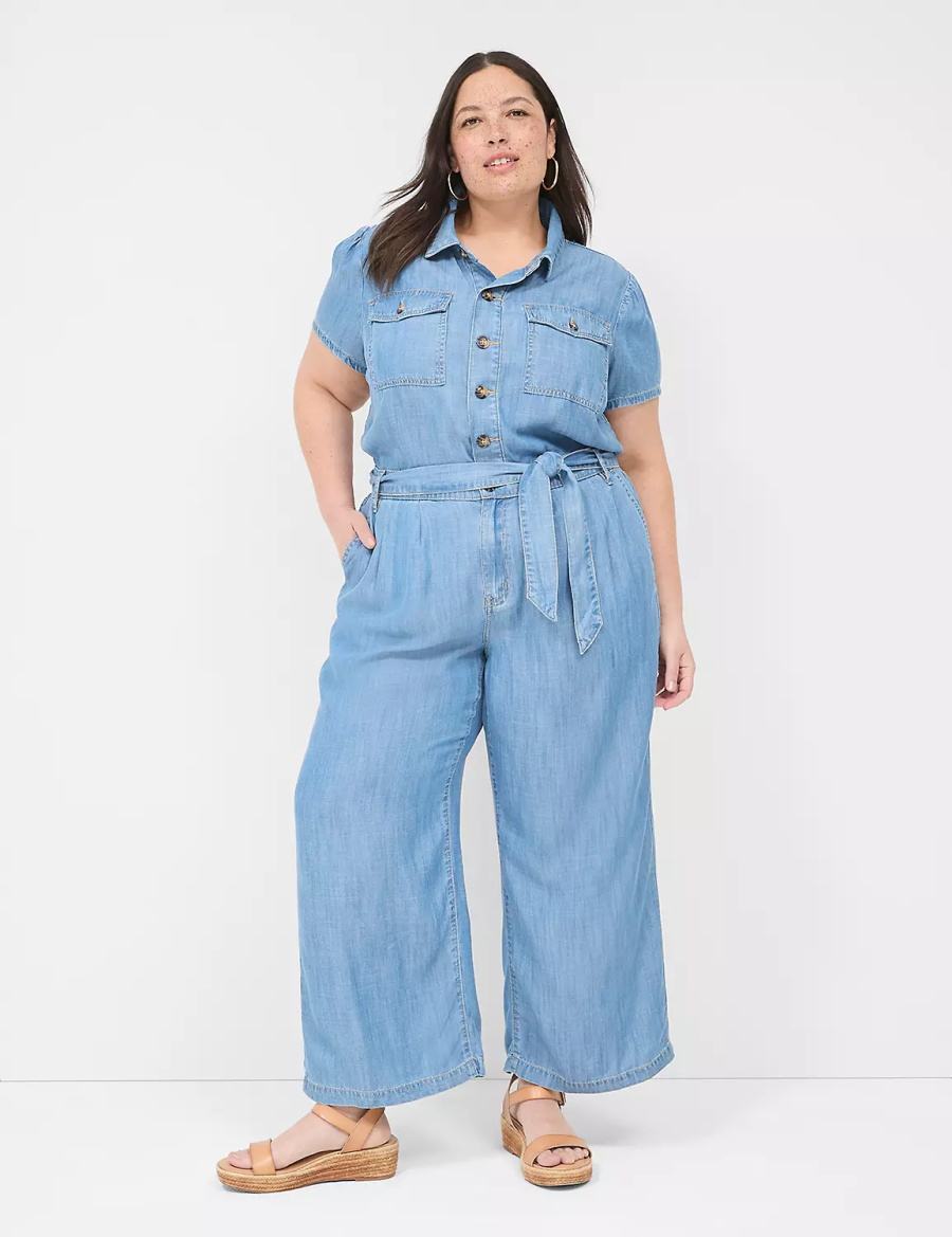 Light Blue Lane Bryant Fluid Denim Women Jumpsuit | YZR8661LQ