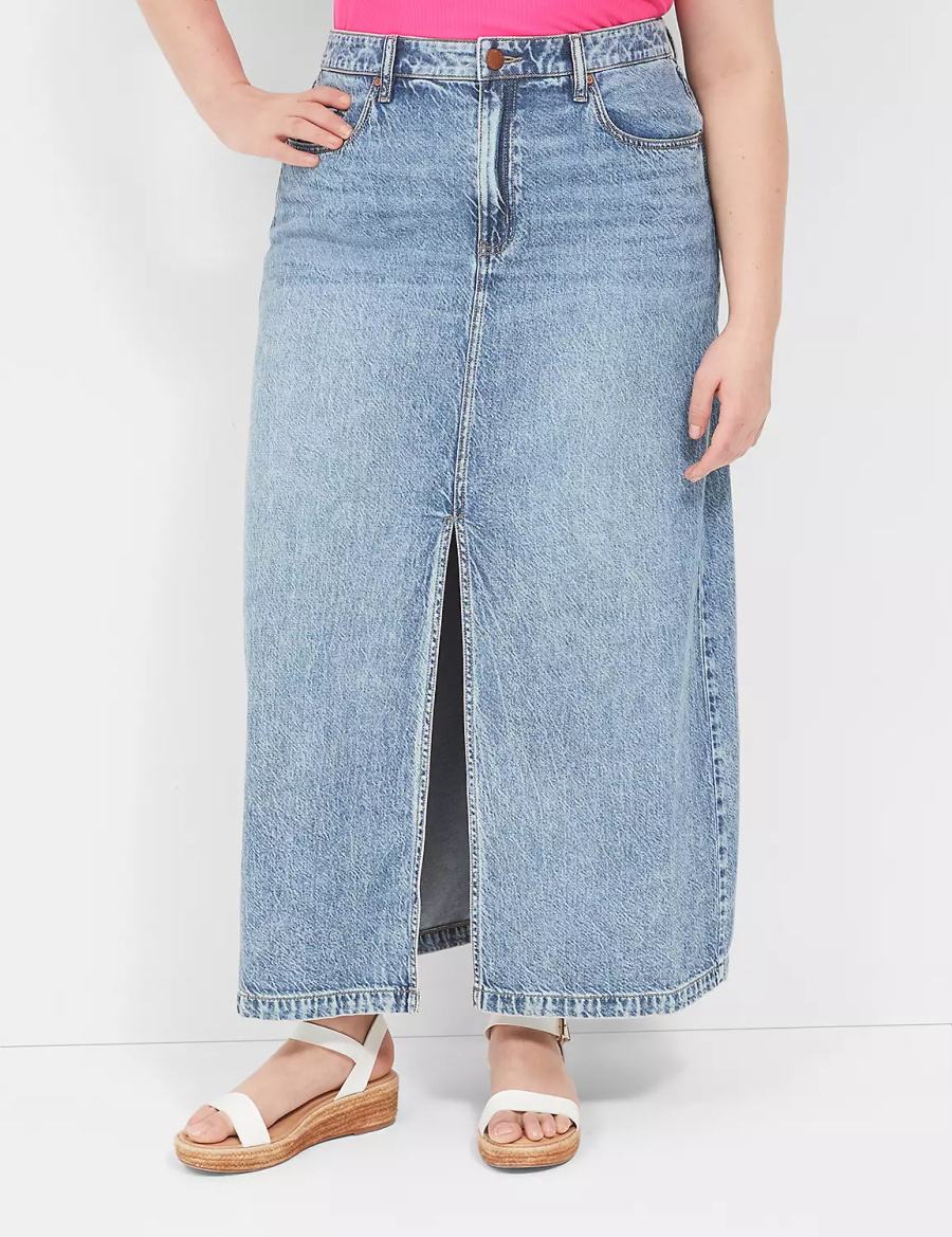 Light Blue Lane Bryant High-Rise Front-Slit Denim Maxi Women Skirts | YCH9361YL