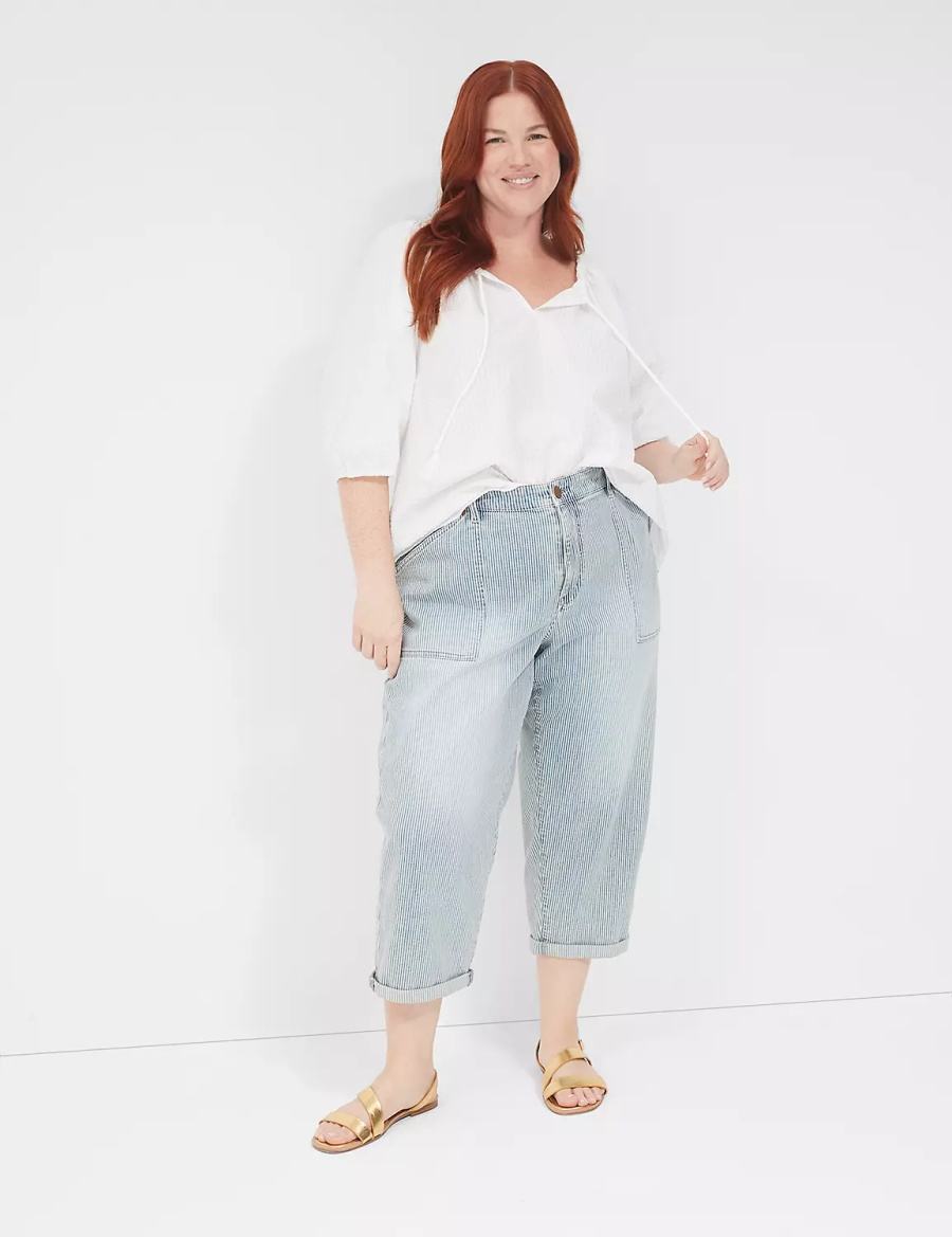 Light Blue Lane Bryant Railroad Stripe Boyfriend Fit Capri Women Jeans | IWR6558CK