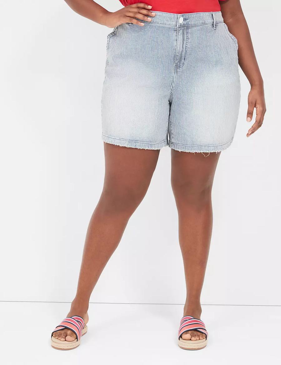 Light Blue Lane Bryant Railroad Stripe Carpenter Jean Women Shorts | UPK4745XY