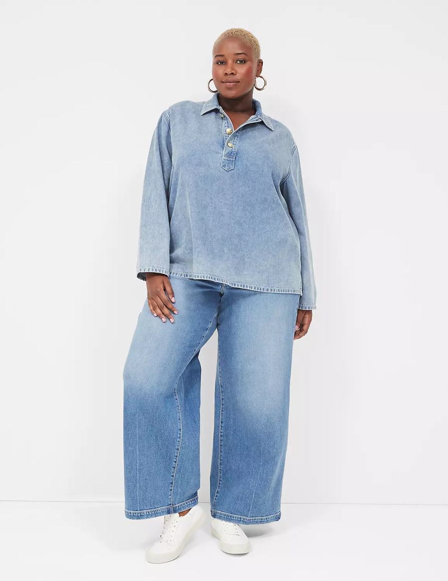 Light Blue Lane Bryant Relaxed Collared Denim Popover Women Shirts | IVI5563NH