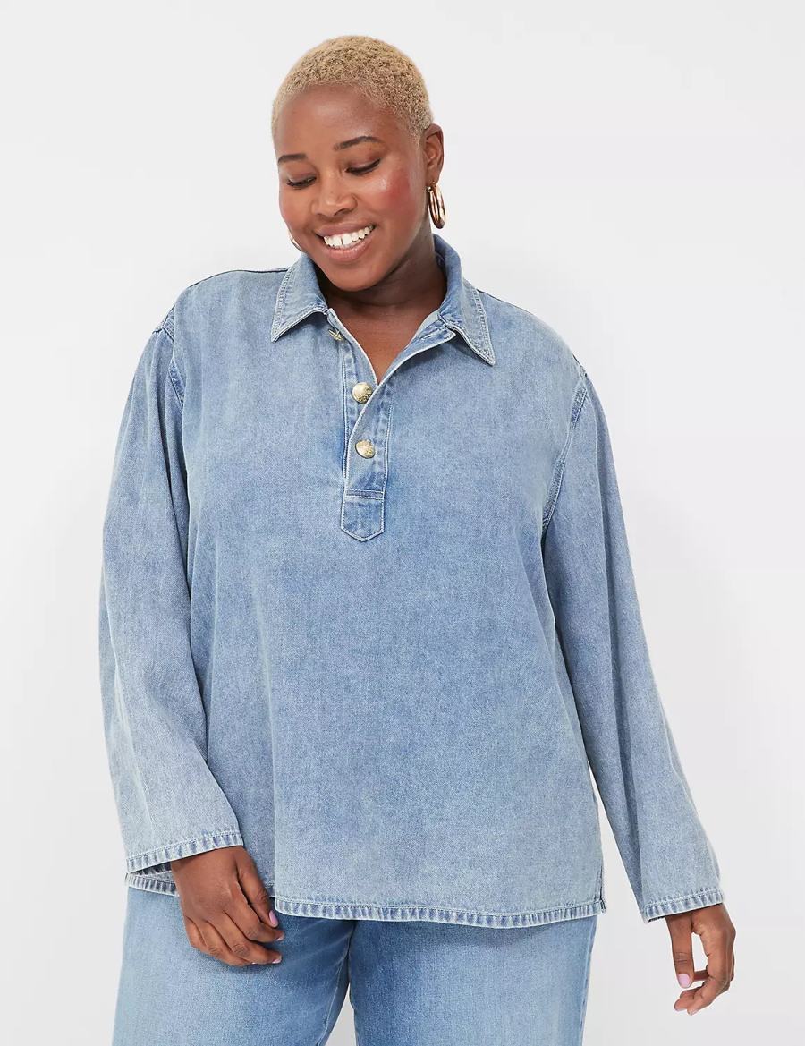 Light Blue Lane Bryant Relaxed Collared Denim Popover Women Shirts | IVI5563NH