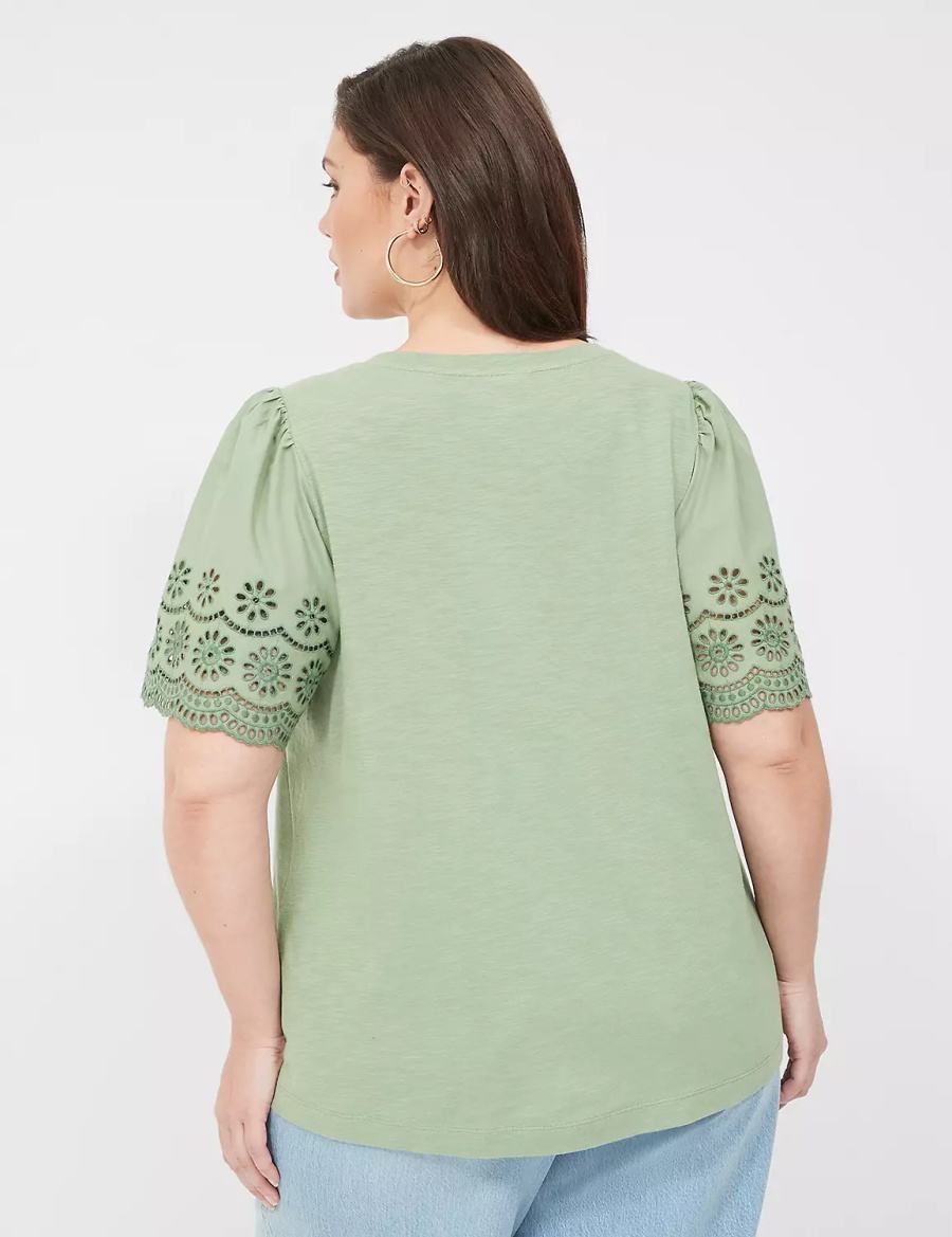 Light Green Lane Bryant Eyelet-Sleeve Crew-Neck Knit Tee Women Tank Top | HFB2327UF