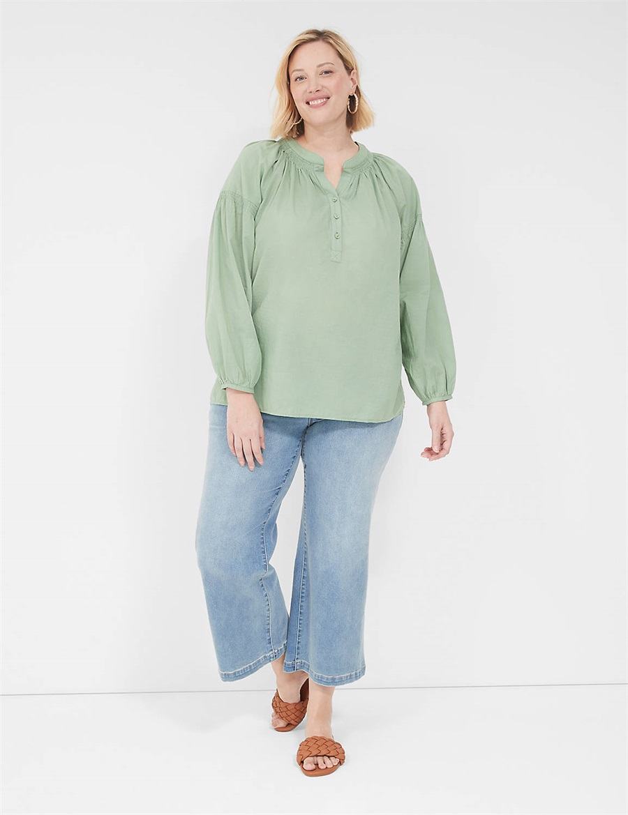 Light Green Lane Bryant Long-Sleeve Split-Neck Popover Women Shirts | PSR9573AT