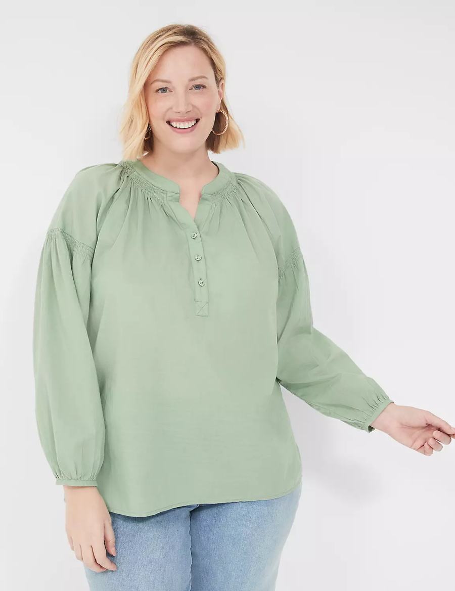 Light Green Lane Bryant Long-Sleeve Split-Neck Popover Women Shirts | PSR9573AT