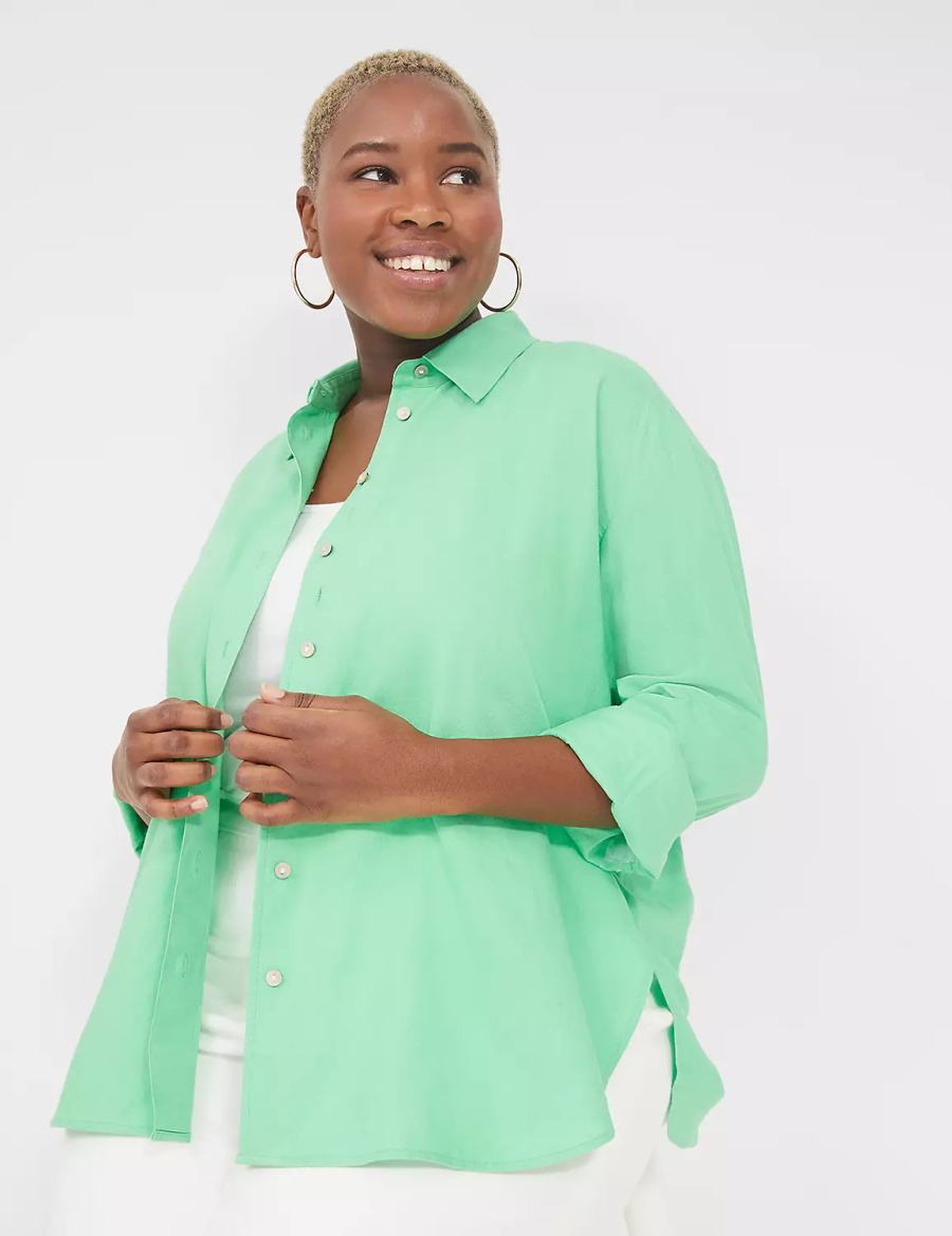 Light Green Lane Bryant Relaxed Linen Button-Down Women Shirts | NXU5510HD