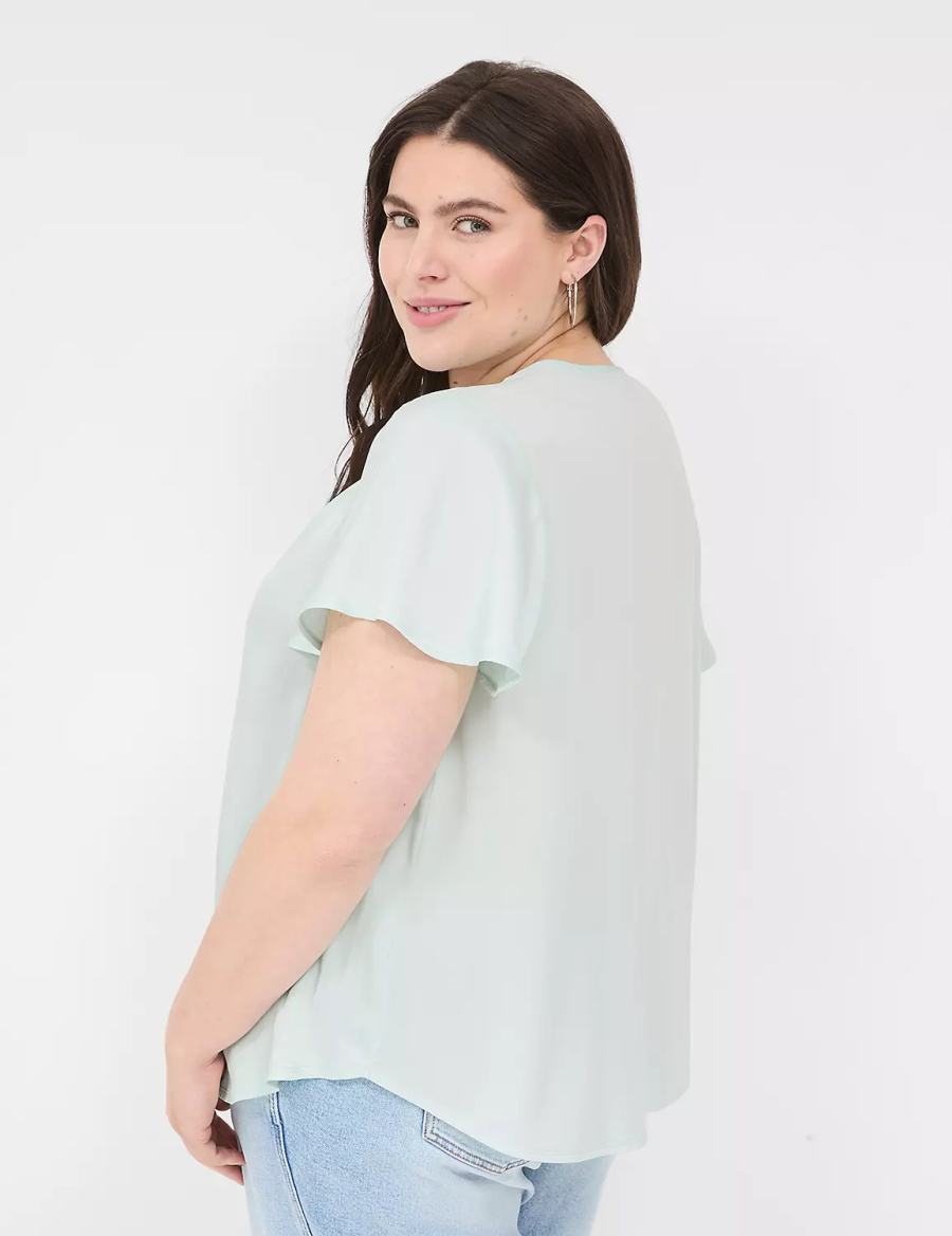 Light Green Lane Bryant Satin Smocked-Shoulder Women Blouse | RIB8698OG