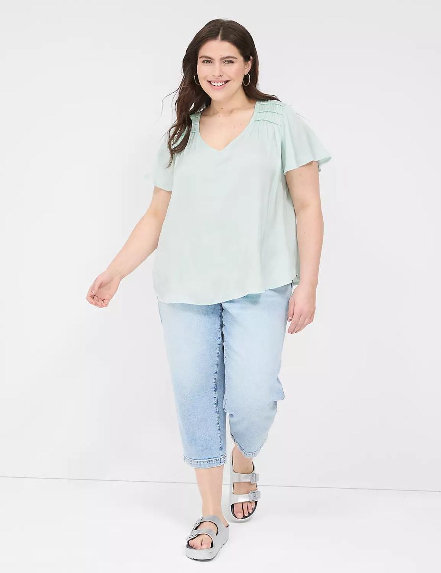 Light Green Lane Bryant Satin Smocked-Shoulder Women Blouse | RIB8698OG