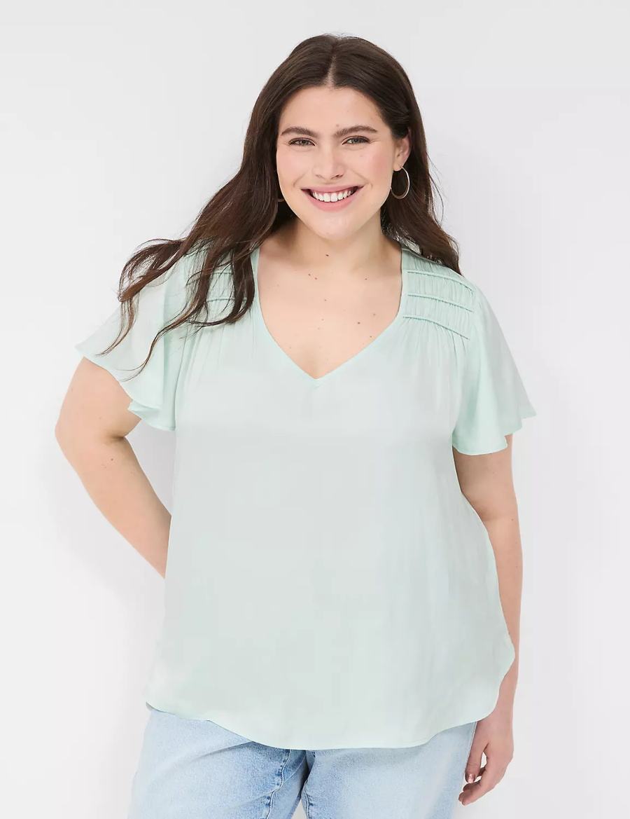 Light Green Lane Bryant Satin Smocked-Shoulder Women Blouse | RIB8698OG