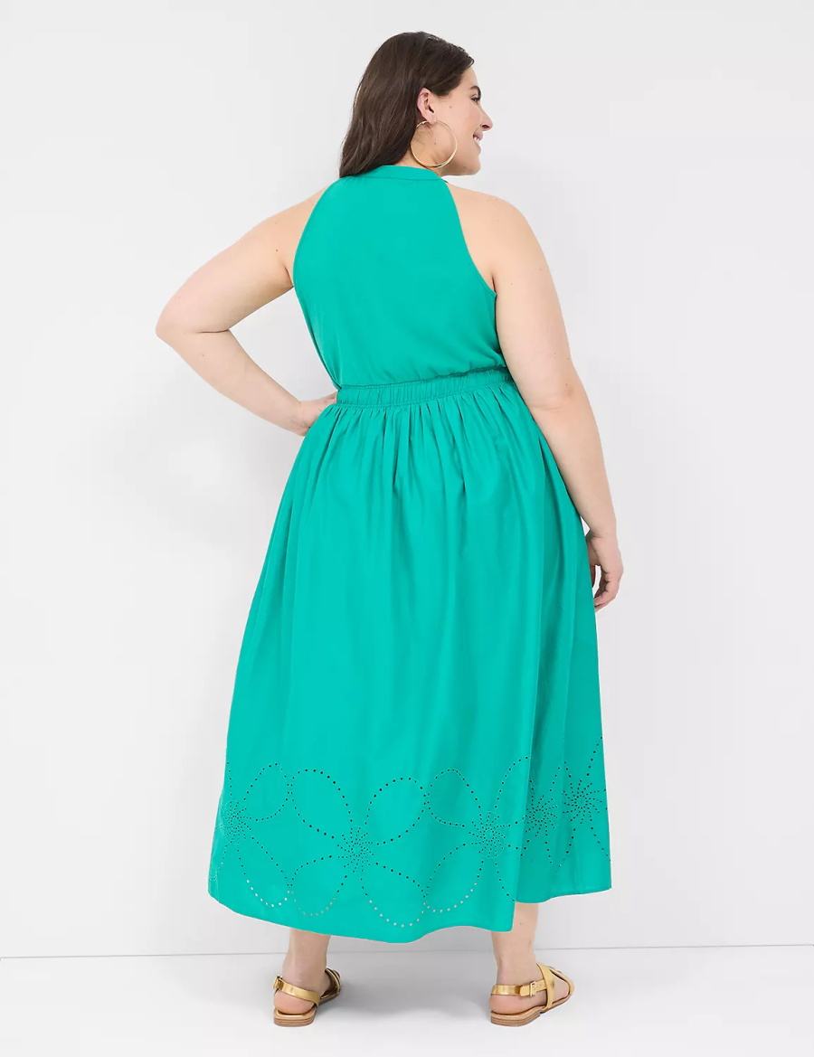 Light Turquoise Lane Bryant Eyelet-Detail Split-Neck Women Maxi Dress | JKO3665GM