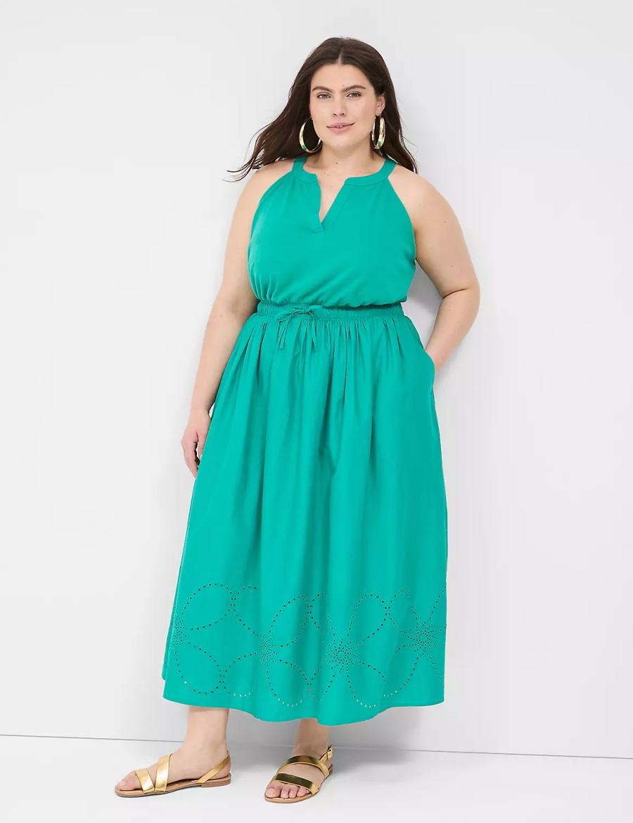 Light Turquoise Lane Bryant Eyelet-Detail Split-Neck Women Maxi Dress | JKO3665GM