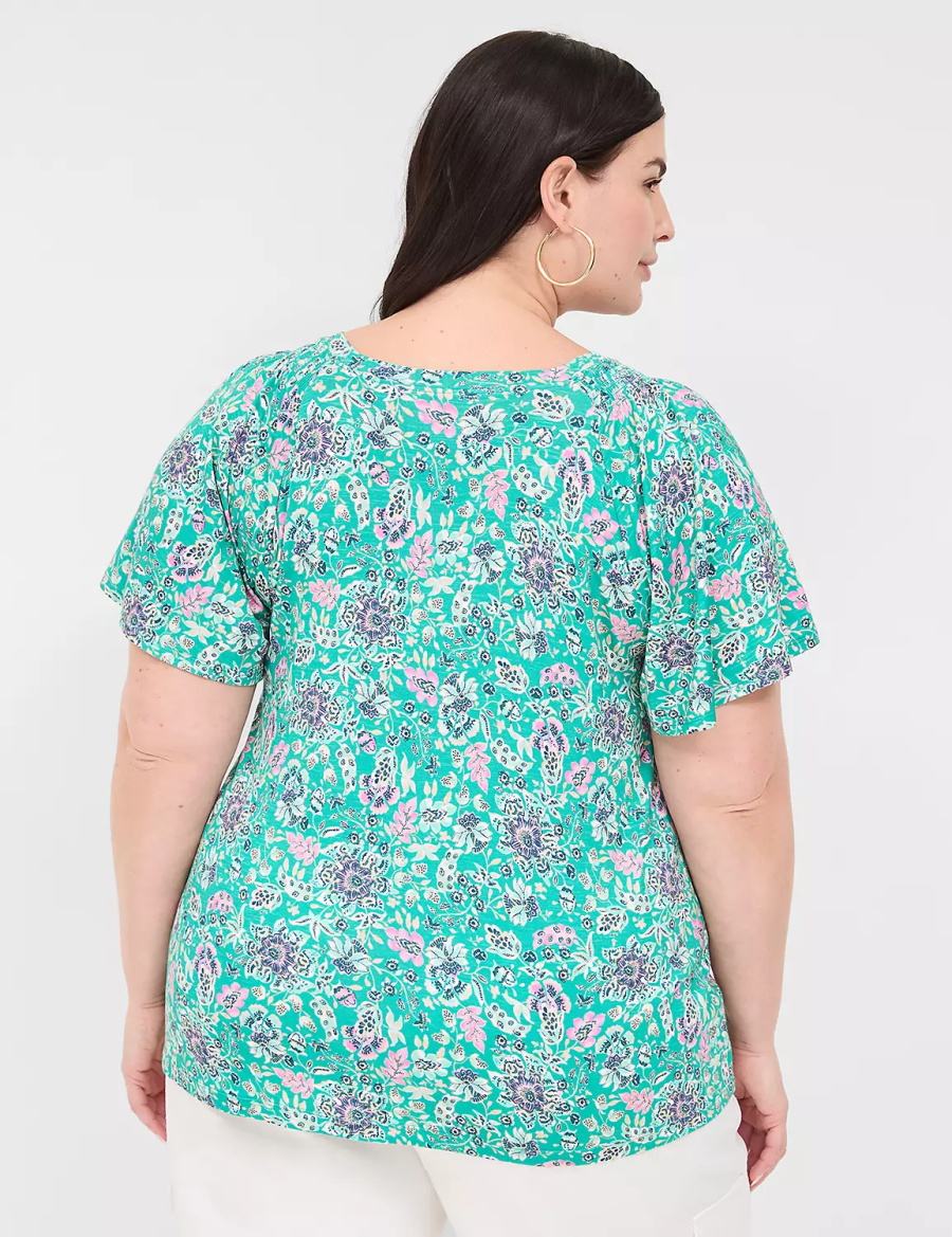 Light Turquoise Lane Bryant Flutter-Sleeve Smocked Top Women T Shirts | VZW2481WD