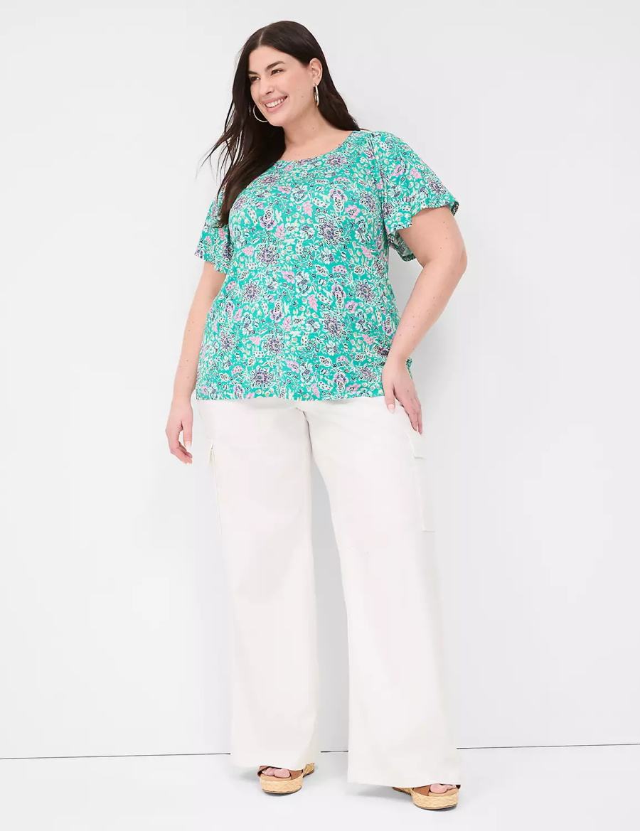 Light Turquoise Lane Bryant Flutter-Sleeve Smocked Top Women T Shirts | VZW2481WD