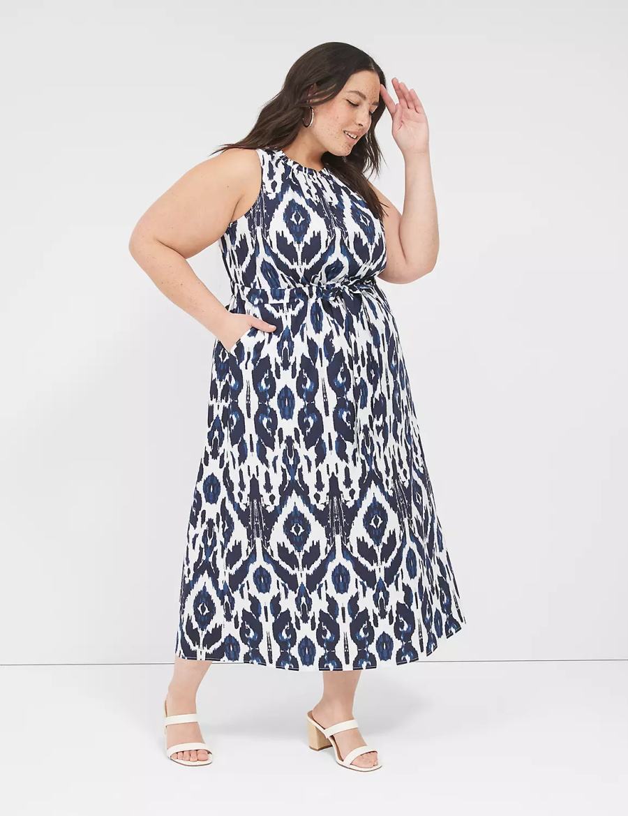 Navy Lane Bryant Elastic-Neck Tie-Waist Women Midi Dress | AEH161FP