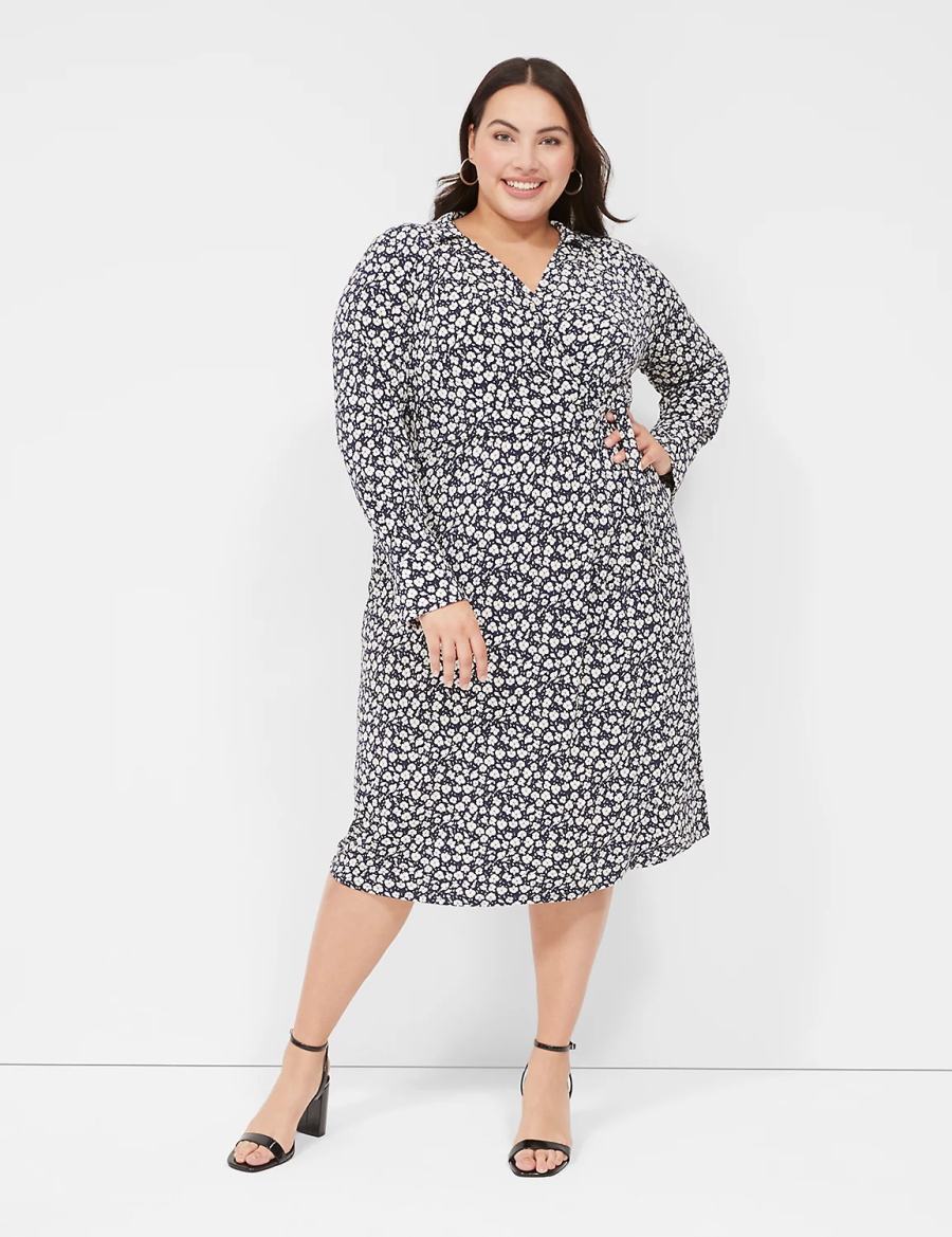 Navy Lane Bryant Faux-Wrap Collar Jersey Women Midi Dress | EQV9797CR