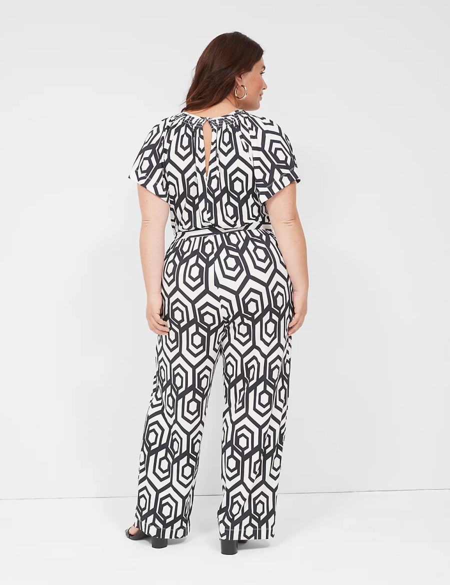 Navy Lane Bryant Flutter-Sleeve Smocked-Neck Wide Leg Women Jumpsuit | NTW7836AH