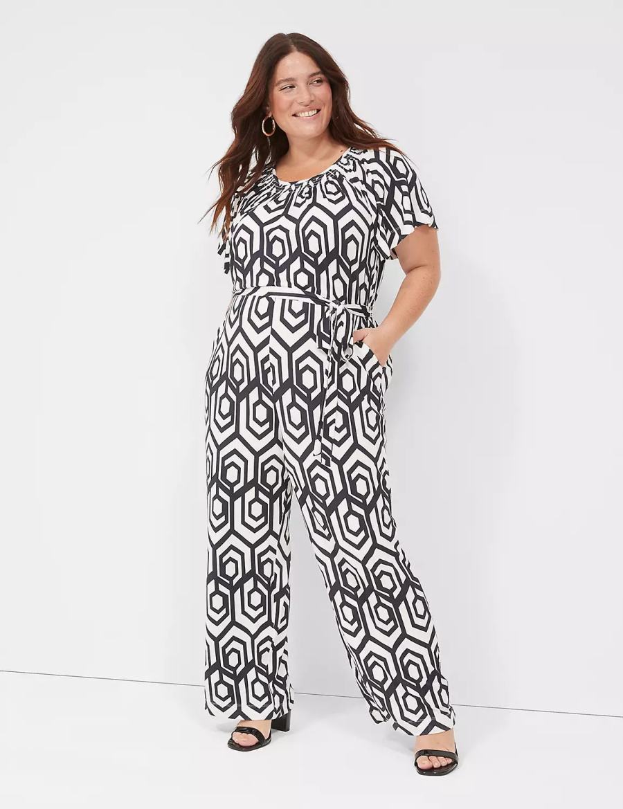 Navy Lane Bryant Flutter-Sleeve Smocked-Neck Wide Leg Women Jumpsuit | NTW7836AH