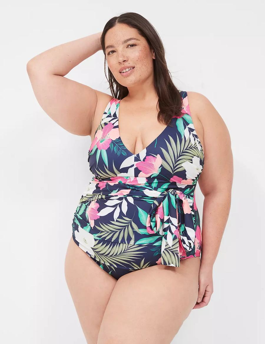 Navy Lane Bryant No-Wire Wrap One-Piece Women Swimsuits | WQH1557YD