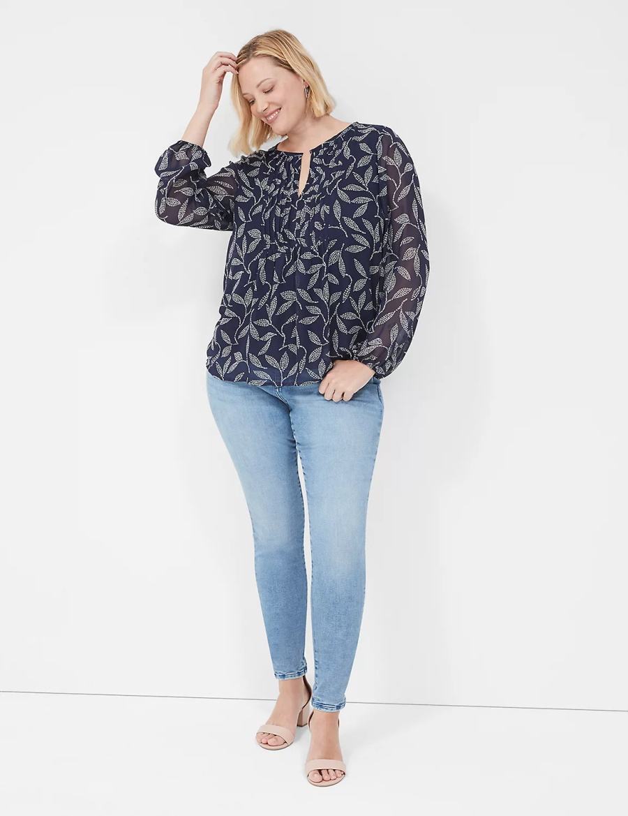 Navy Lane Bryant Pin-Tuck Crew-Neck Women Blouse | LEA6161JD