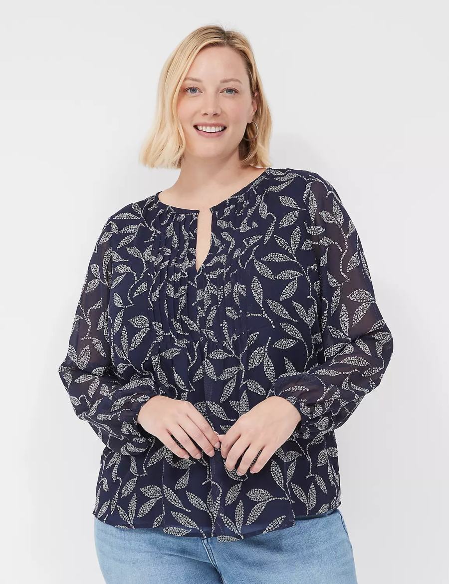 Navy Lane Bryant Pin-Tuck Crew-Neck Women Blouse | LEA6161JD