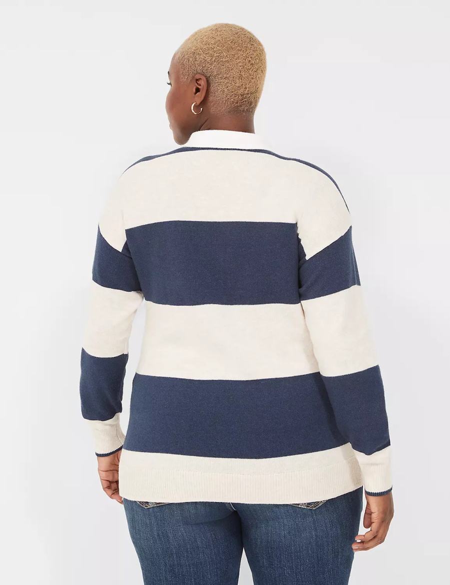 Navy Stripes Lane Bryant Long-Sleeve Stripe Polo Women Sweaters | YFD789RE