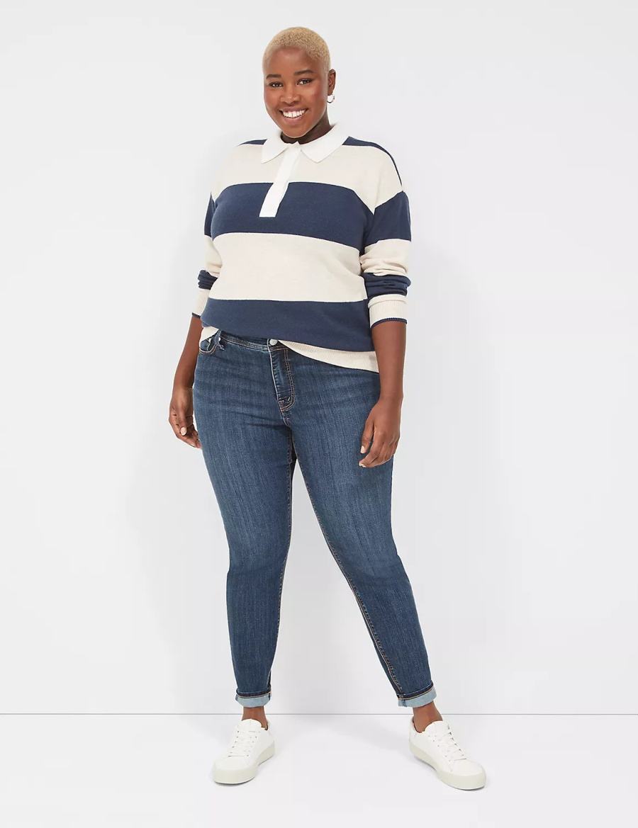 Navy Stripes Lane Bryant Long-Sleeve Stripe Polo Women Sweaters | YFD789RE