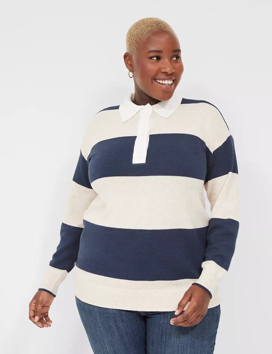 Navy Stripes Lane Bryant Long-Sleeve Stripe Polo Women Sweaters | YFD789RE