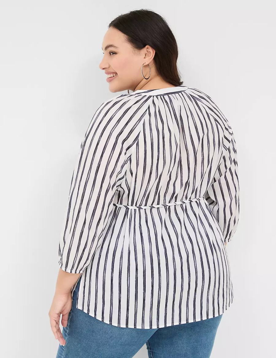 Navy Stripes Lane Bryant Relaxed 3/4-Sleeve Button-Front Tunic Women Shirts | QTY558GV