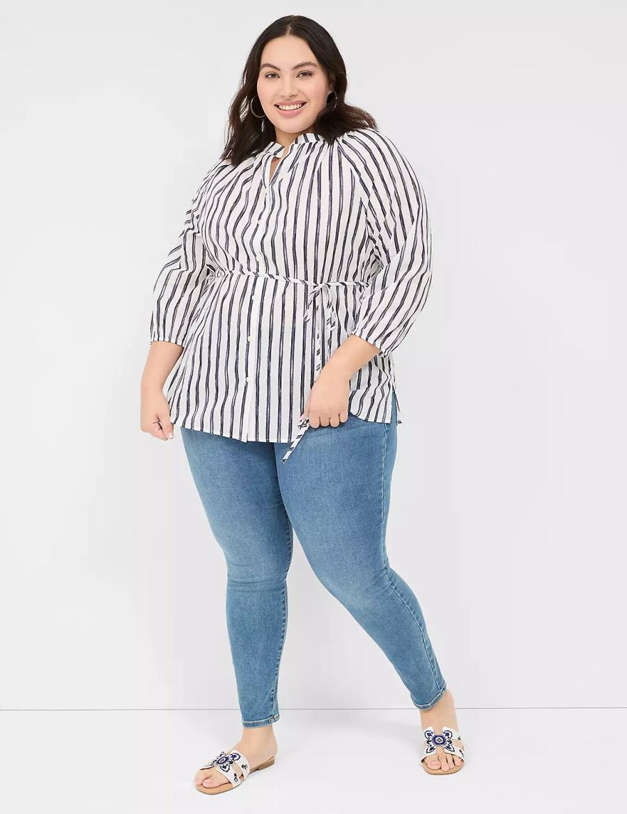 Navy Stripes Lane Bryant Relaxed 3/4-Sleeve Button-Front Tunic Women Shirts | QTY558GV