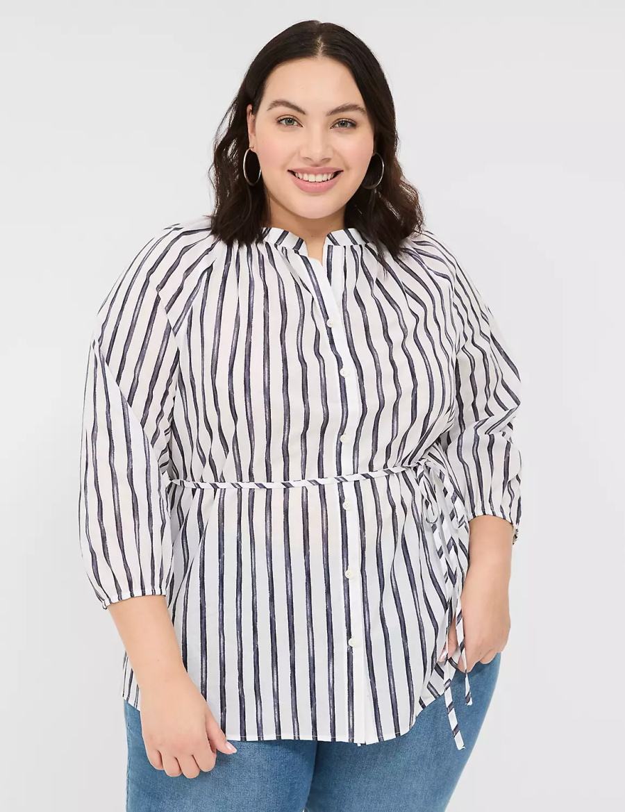 Navy Stripes Lane Bryant Relaxed 3/4-Sleeve Button-Front Tunic Women Shirts | QTY558GV