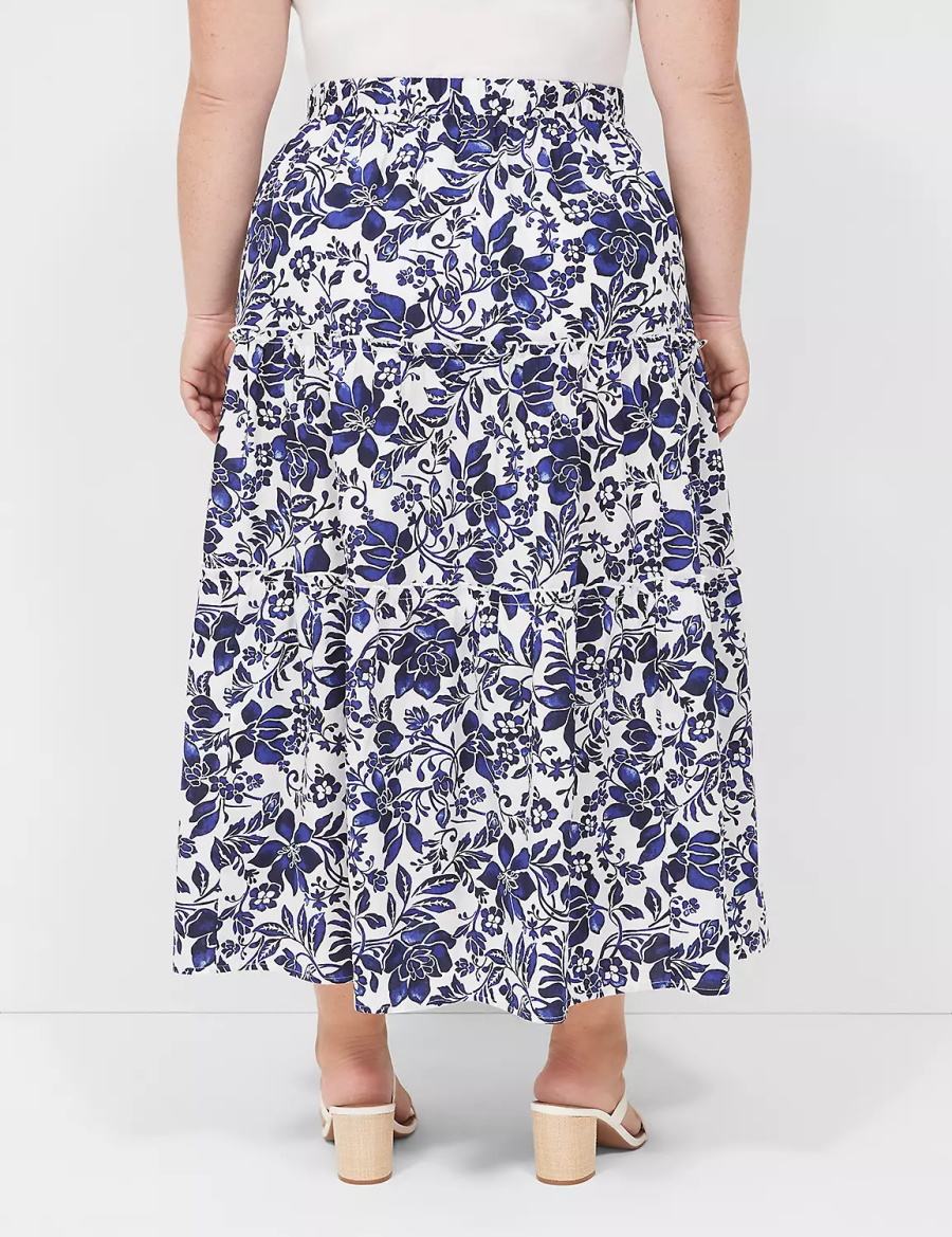 Navy White Lane Bryant Poplin Tiered Maxi Women Skirts | OFN141ZP