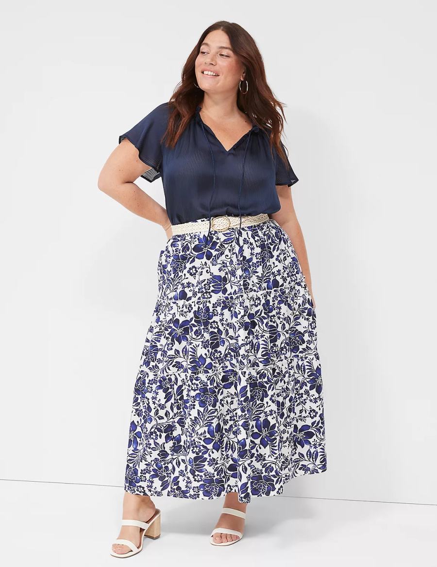 Navy White Lane Bryant Poplin Tiered Maxi Women Skirts | OFN141ZP