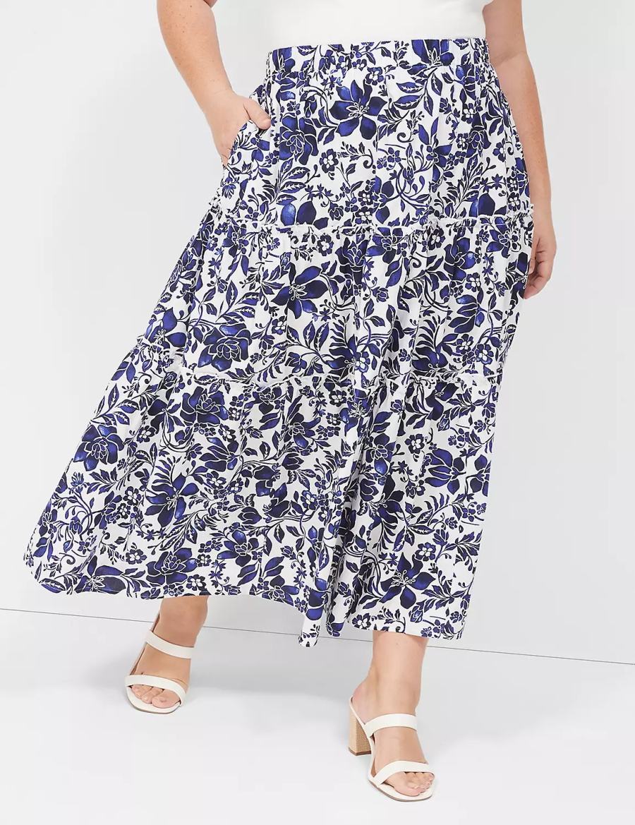 Navy White Lane Bryant Poplin Tiered Maxi Women Skirts | OFN141ZP