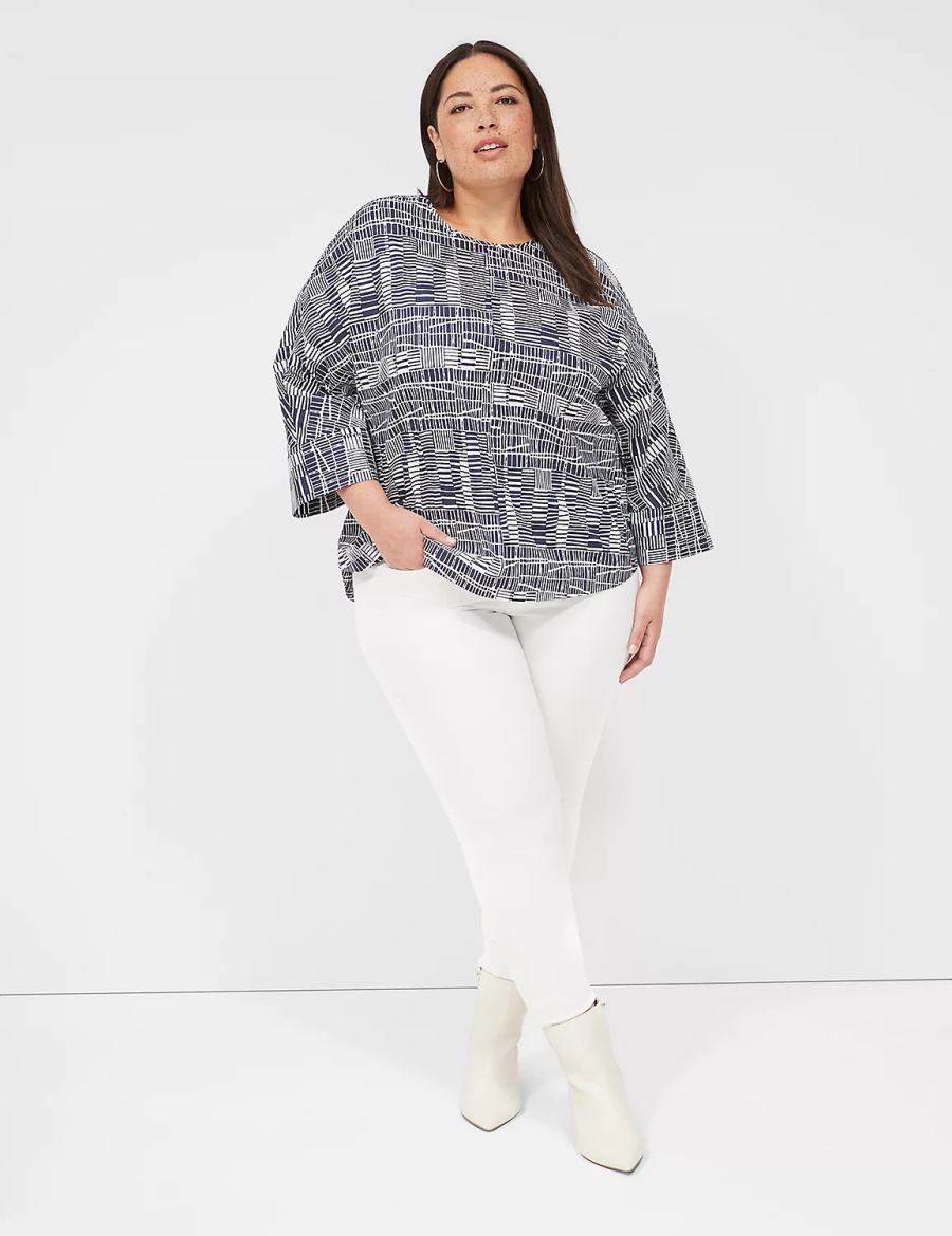 Navy White Lane Bryant Relaxed Crew-Neck Popover Top Women Blouse | CCP1023JP