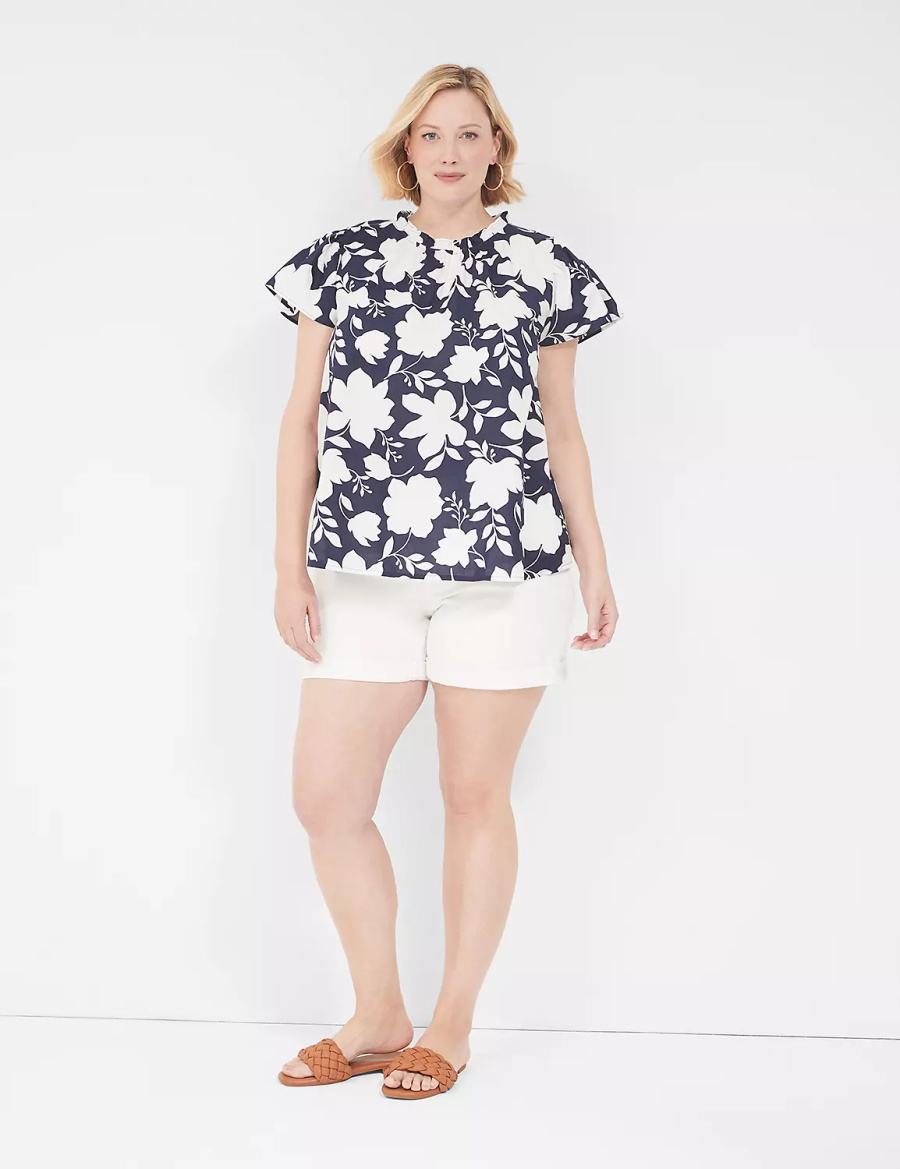 Navy White Lane Bryant Subtle Swing Cap-Sleeve Woven & Knit Top Women T Shirts | CMI160WD