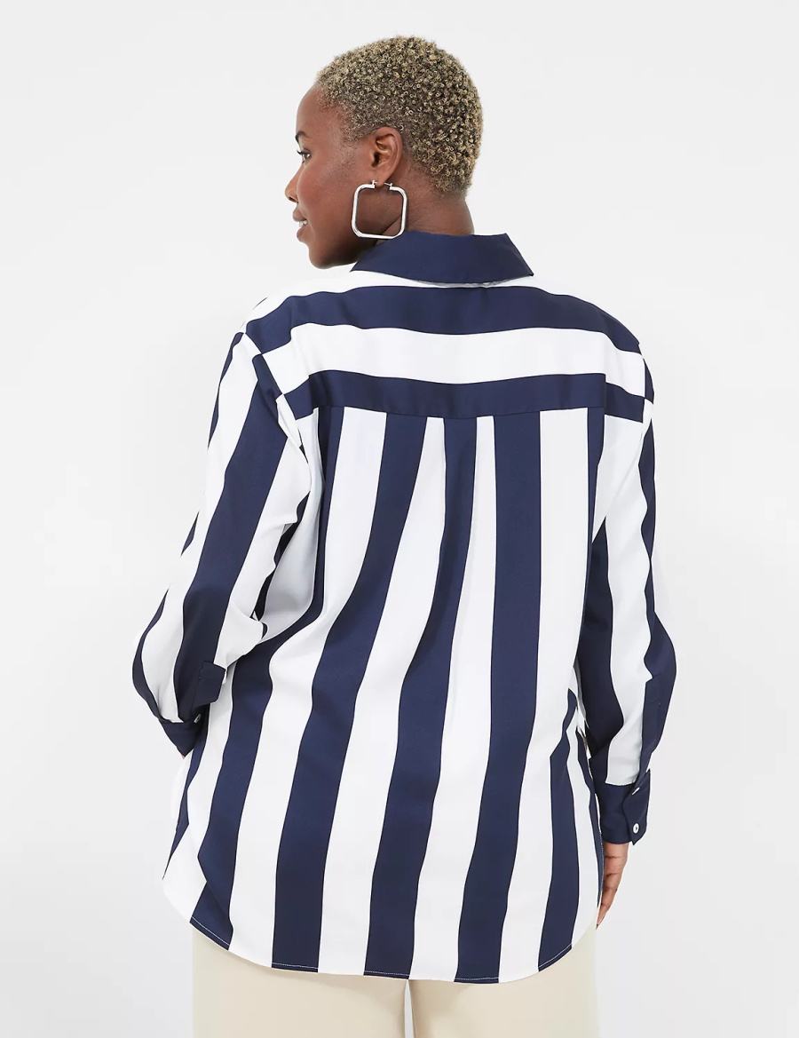 Navy White Stripes Lane Bryant Satin Easy Collared Stripe Button-Down Women Shirts | VIF7743PJ