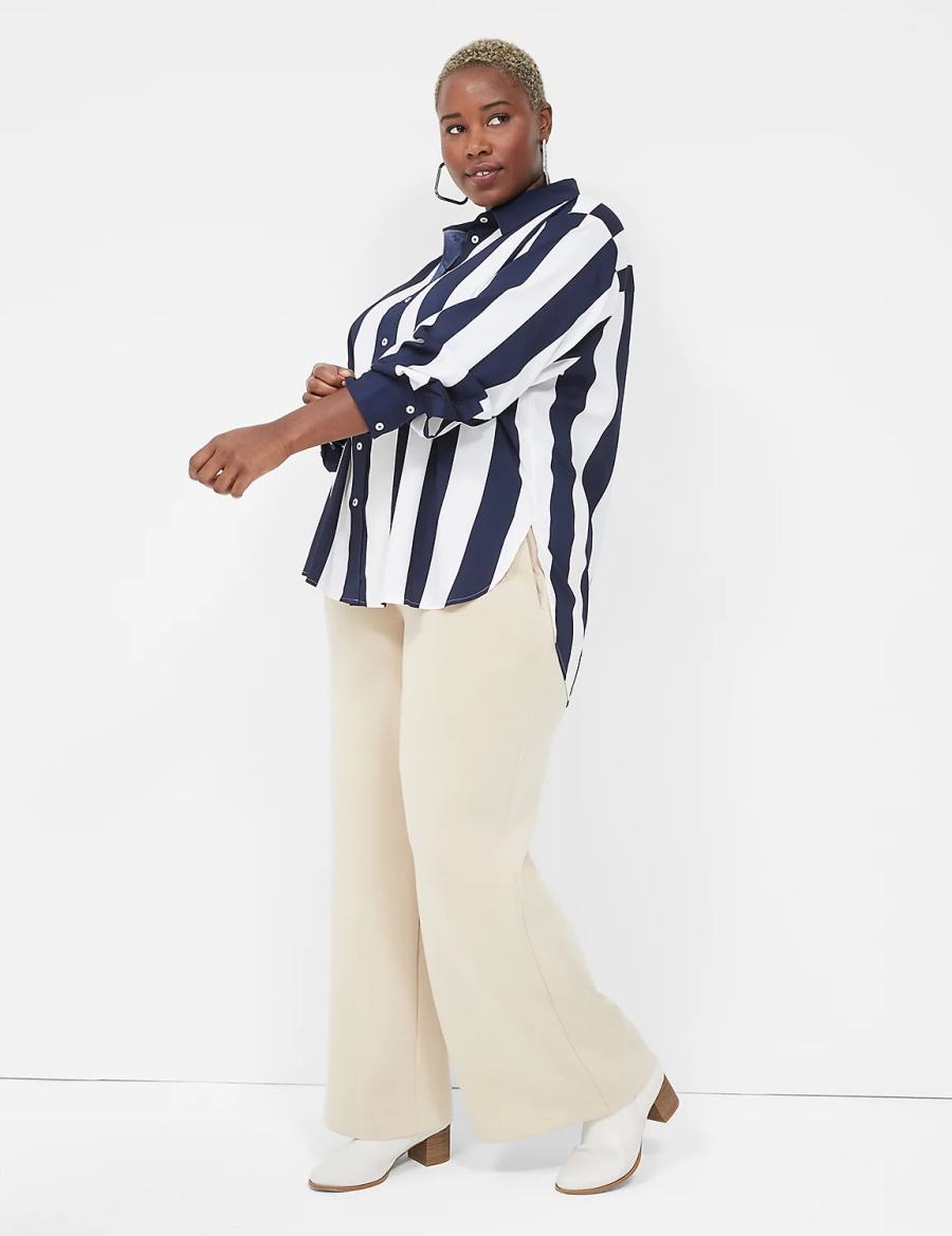 Navy White Stripes Lane Bryant Satin Easy Collared Stripe Button-Down Women Shirts | VIF7743PJ