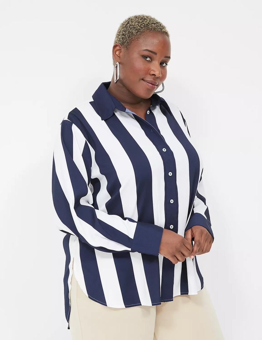 Navy White Stripes Lane Bryant Satin Easy Collared Stripe Button-Down Women Shirts | VIF7743PJ