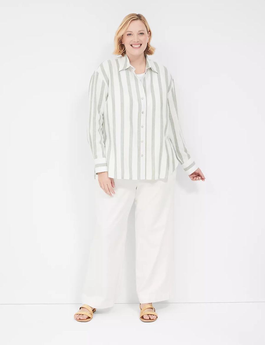 Olive Stripes Lane Bryant Relaxed Linen Button-Down Women Shirts | MCW716IS