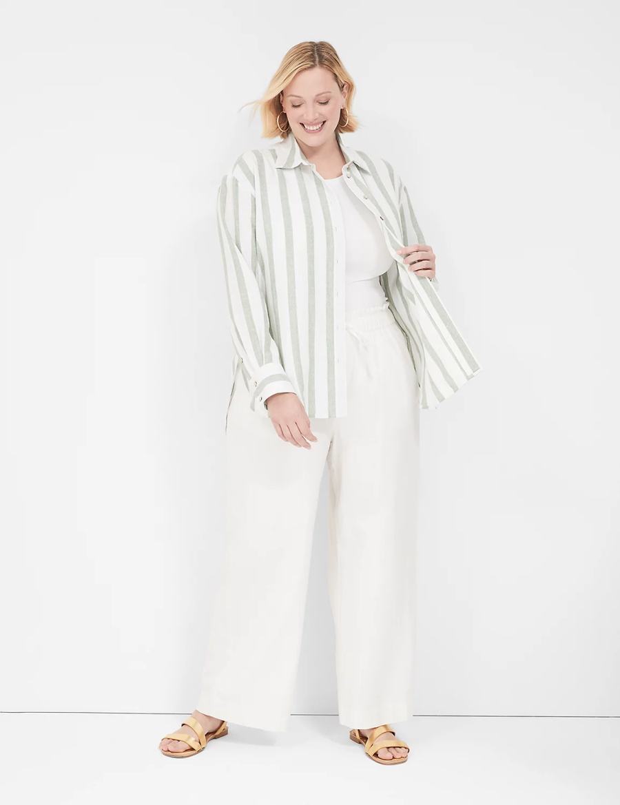 Olive Stripes Lane Bryant Relaxed Linen Button-Down Women Shirts | MCW716IS