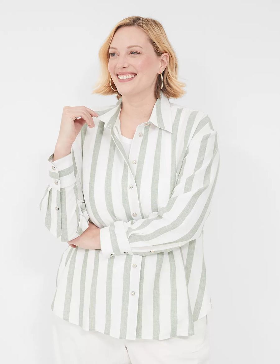 Olive Stripes Lane Bryant Relaxed Linen Button-Down Women Shirts | MCW716IS