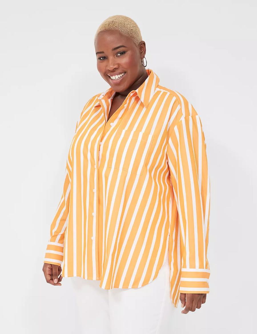 Orange Stripes Lane Bryant Long-Sleeve Button-Down Boyfriend Women Shirts | FQU5439HW