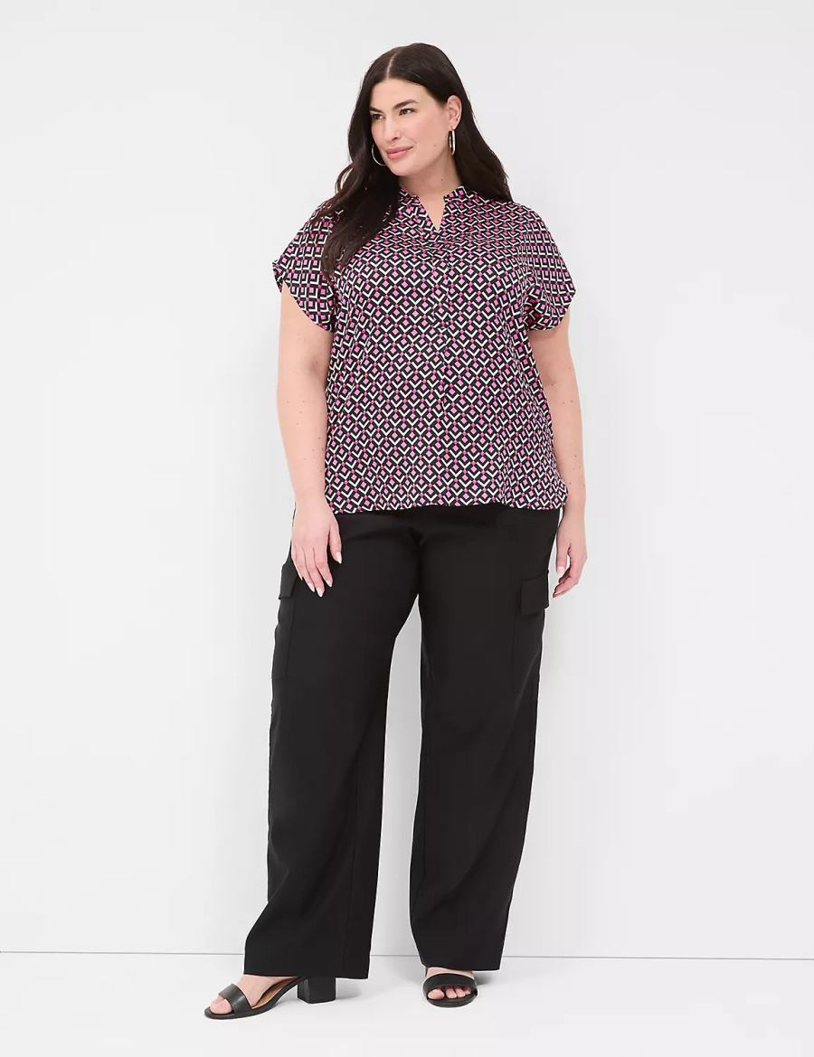 Pink Black Lane Bryant Relaxed Split-Neck Popover Women Blouse | EUB6064EF