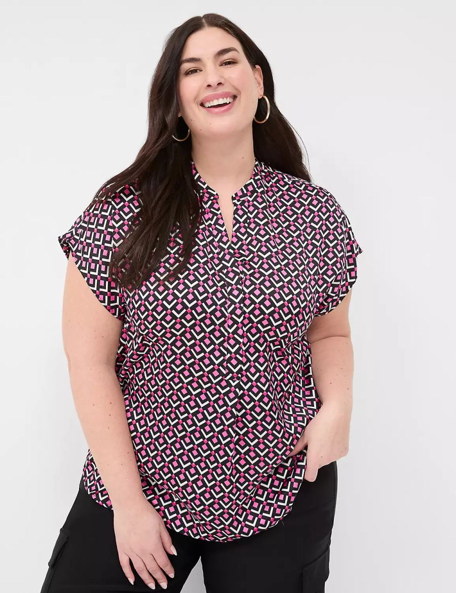 Pink Black Lane Bryant Relaxed Split-Neck Popover Women Blouse | EUB6064EF